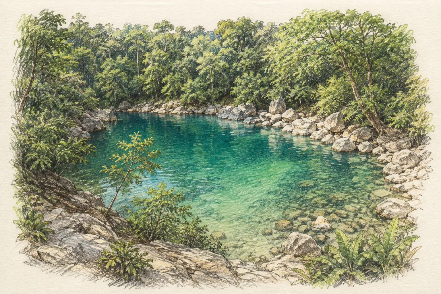 Illustration of the turquoise Cool Springs pool near Thakhek