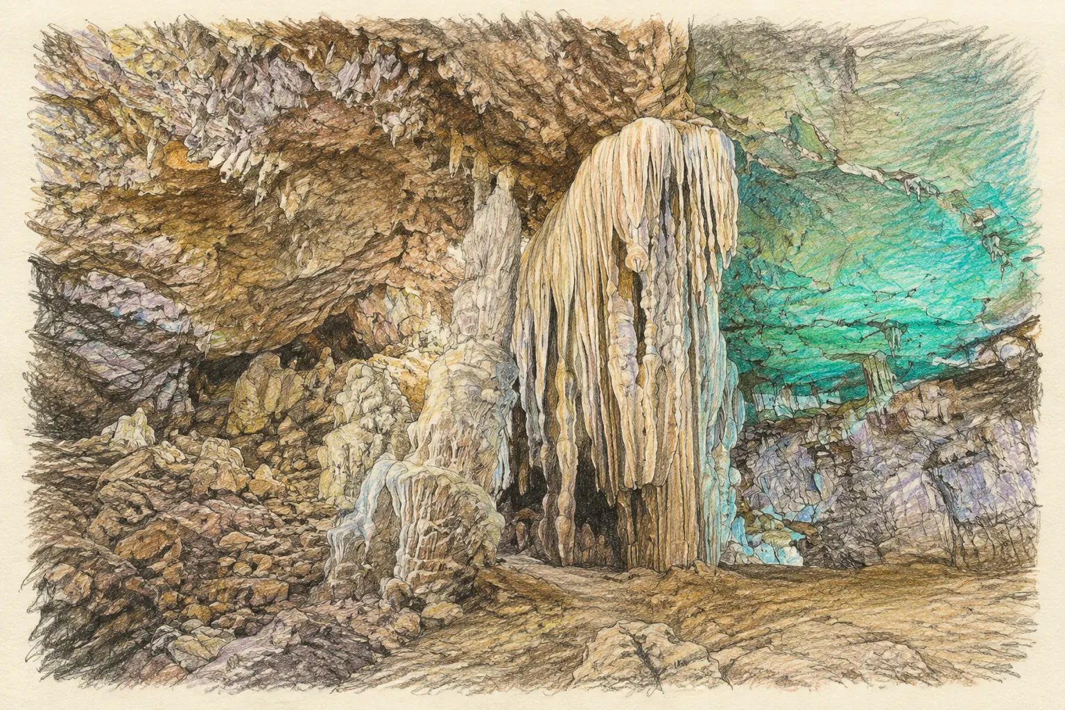Illustration of limestone formations inside Dragon Cave