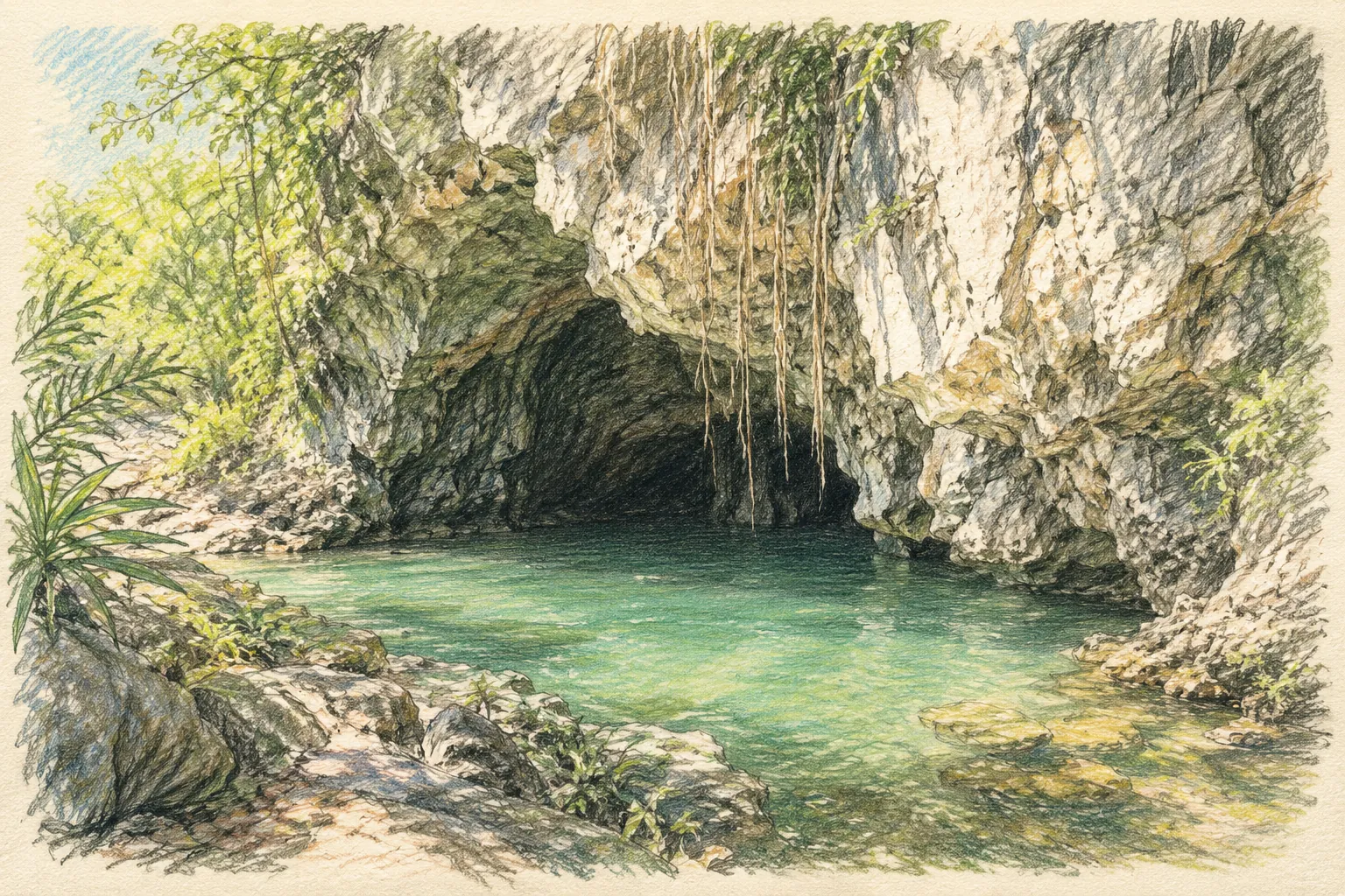 Illustrated view of the limestone pool and cave entrance at Tham Pha Buddha Cave