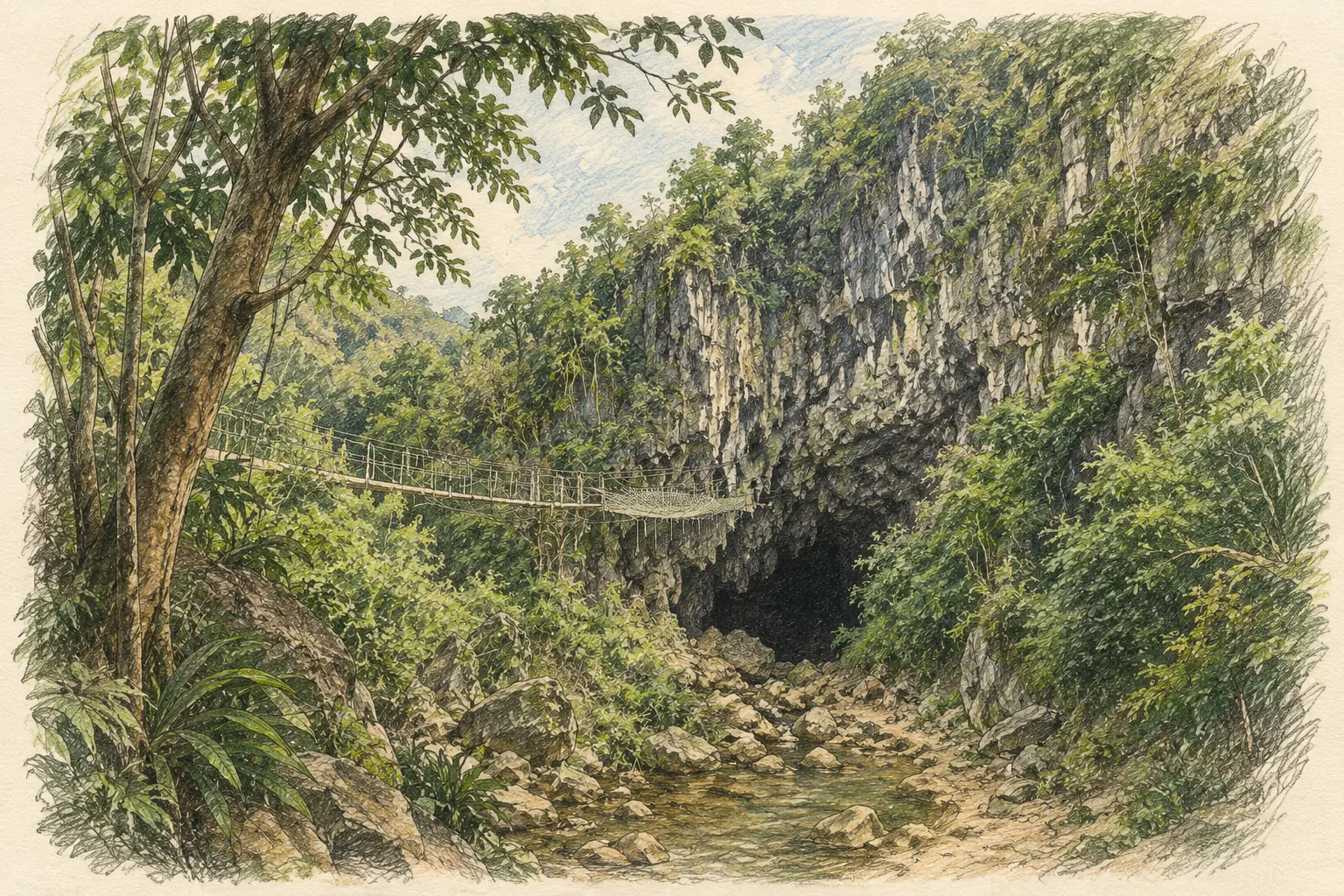 Illustrated view of the limestone entrance and bridge at Tham Xiang Liap Cave